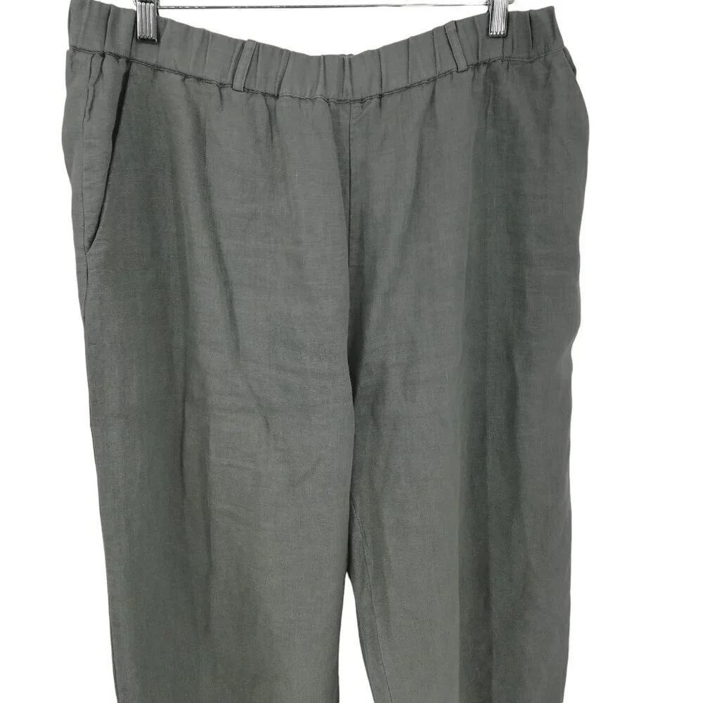 Poetry Gray 100% Linen Pull On Elastic Waist Wide Leg Pants Size 14 Lagenlook